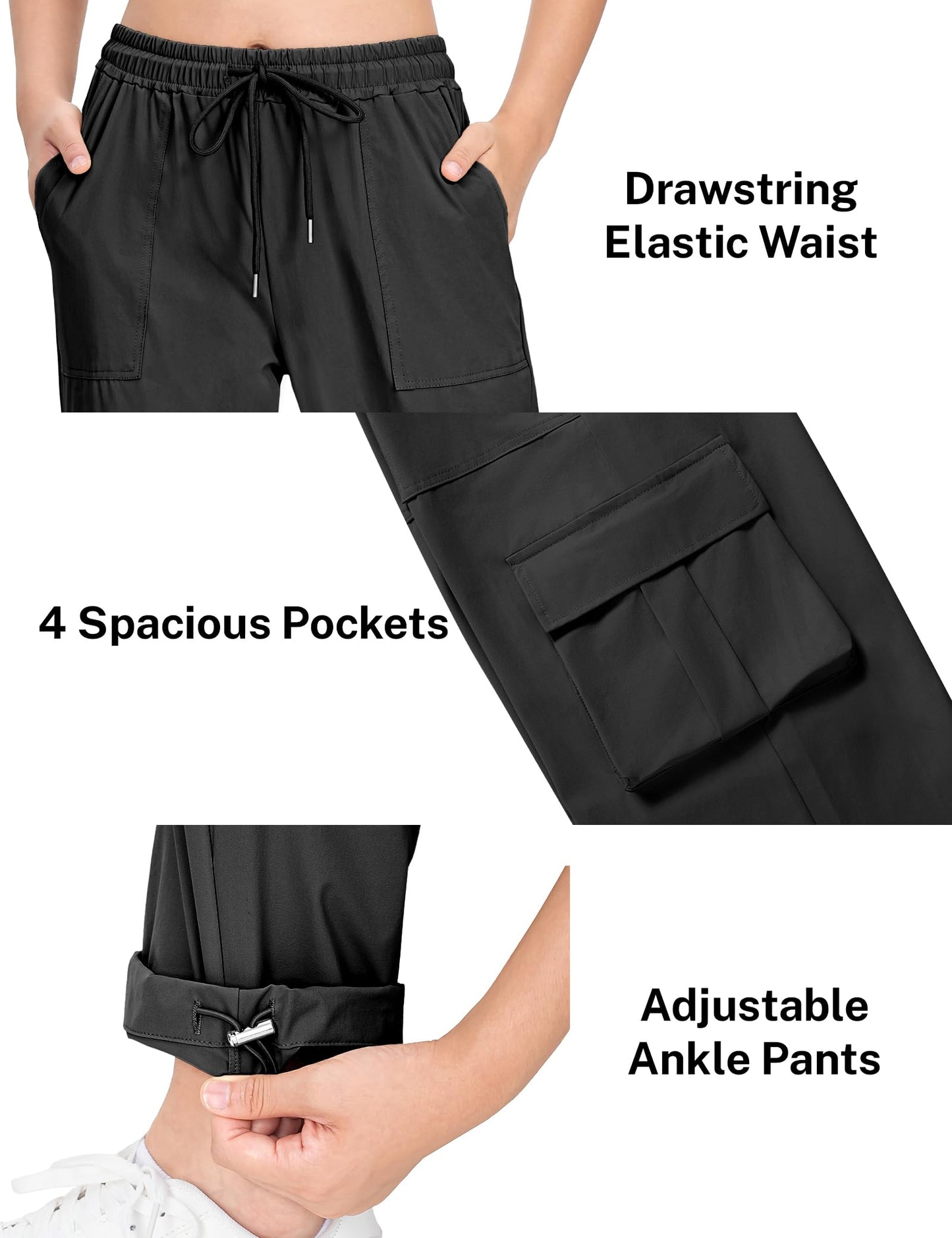 HASMES Girls Cargo Pants Kids Lightweight Hiking Pants Water Resistant Joggers with Pockets 7-15Y Black