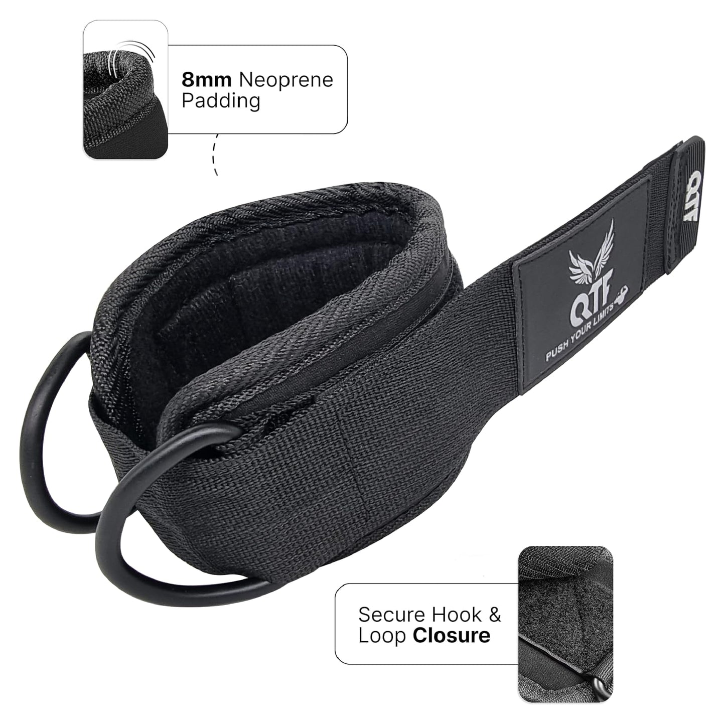 QTF Ankle Strap for Cable Exercise Machines with free shark pads, Work Out Cuff Attachment for Men & Women, Glute Workouts - Kickbacks, Leg Extensions, Hip Abductors, for Exercise Machine Attachments (Black)