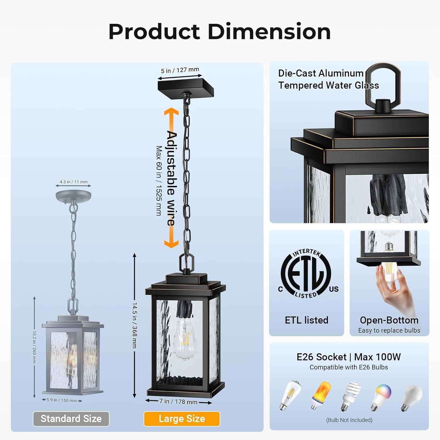 Outdoor Pendant Light - Oil Rubbed Bronze Chandelier for Porch & Patio, Adjustable Chain