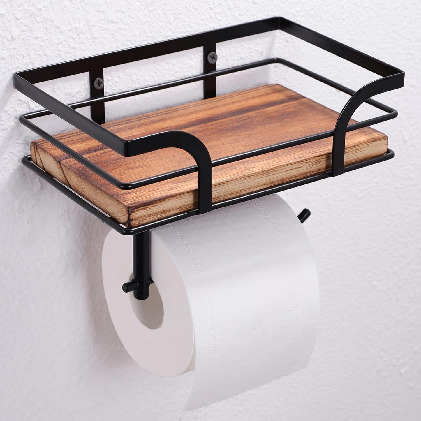 Rustic Farmhouse Toilet Paper Holder - Stylish Shelf for Wipes & Phone | Warm Brown Wood & Black Metal