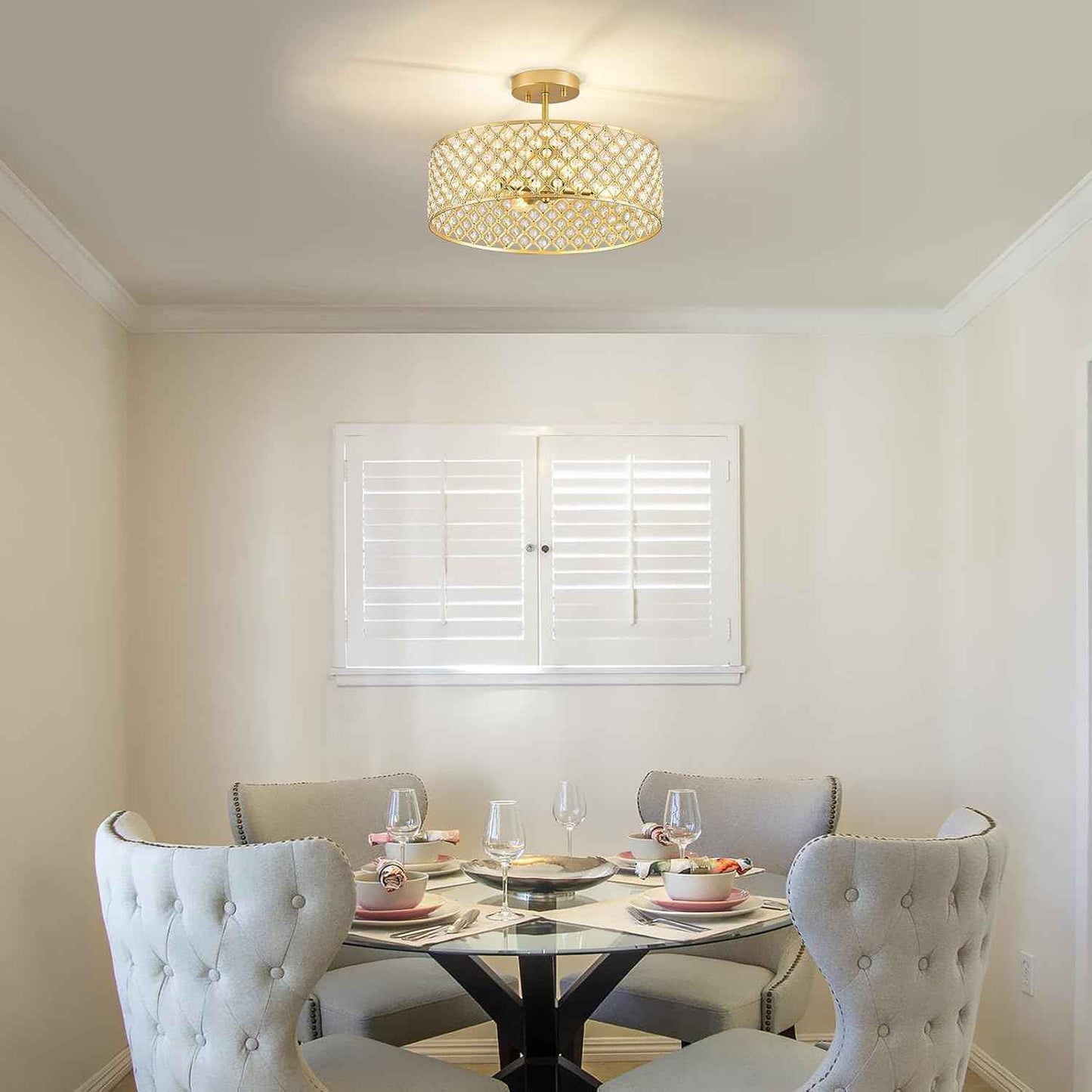 Modern Black Crystal Semi Flush Mount Ceiling Light Fixture - 11.2" Round Chandelier for Dining Room, Hallway, Kitchen & Bedroom