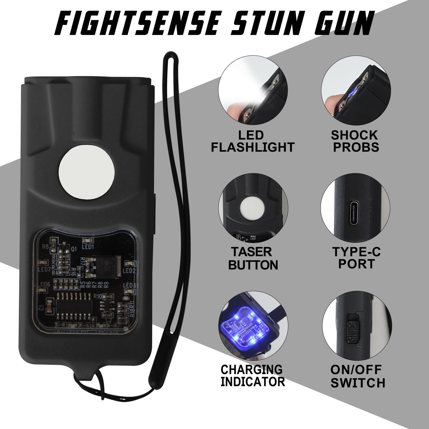 FIGHTSENSE Flashlight Stun Gun for Self Defense – Rechargeable Stun Gun for Women – Compact & Powerful Self Defense Flashlight (Black)