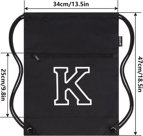 HOLYLUCK Drawstring Bags - Initial Backpack Cinch Sack for Sports, Gym, Travel | Black (K)