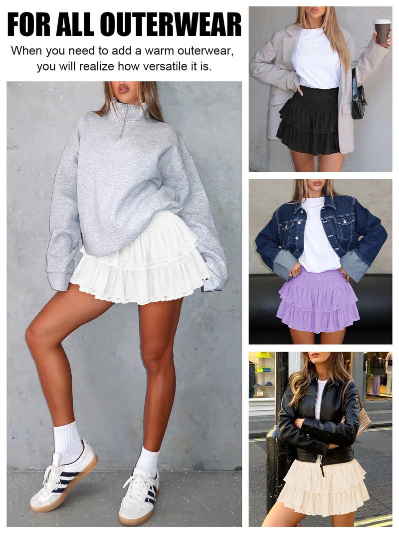 Pungdra Womens Casual Ruffle Mini Skirt Athletic Golf Tennis Skort Boho Tiered High Waist Layered Ruffle Lace Hem Flowy Short Skirts White Medium
