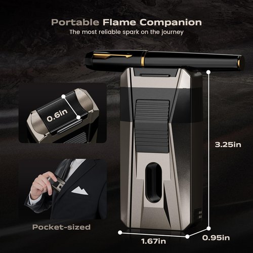 All-in-one Torch Lighter with Built-in Cutter, Holder, Draw Enhancer Tool, Dual Jet Flames Adjustable, Gifts for Men, Multifunctional Accessories, Refillable Butane Lighters for Travel, Outdoors