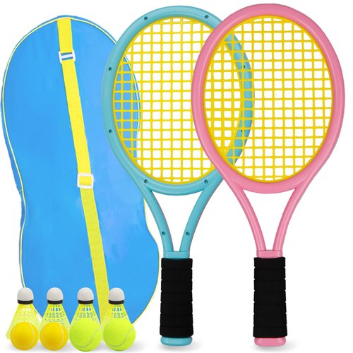 JHuiLap Kids Tennis Racket 17 Inch Lightweight for Junior Toddlers - Includes 2 Tennis Balls, 2 Sponge Balls, 4 Shuttlecocks & Carry Bag (Blue & Pink)