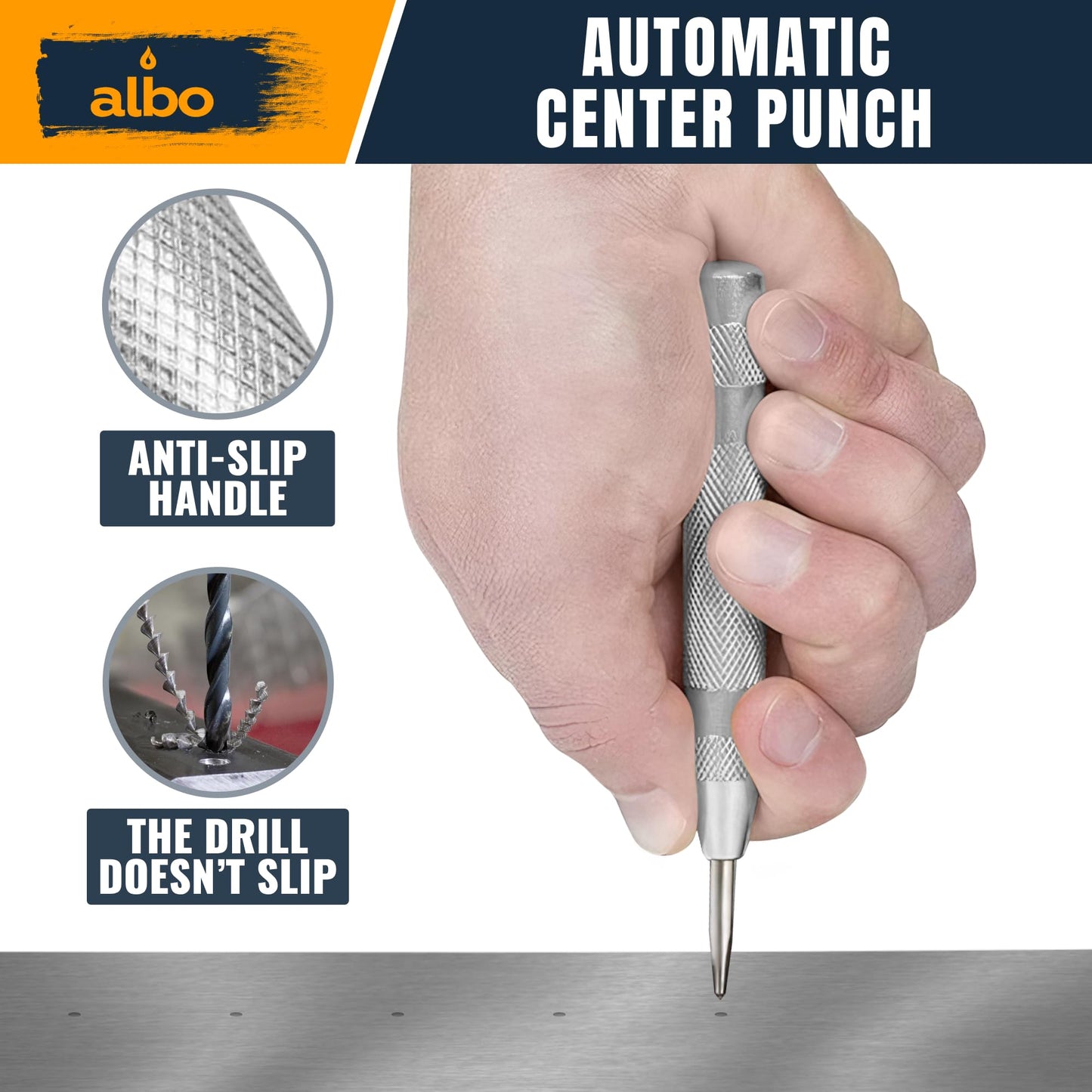 ALBO Spring Loaded Center Punch Tool – 5 Inch Automatic Punch for Metal, Wood, Steel – Heavy Duty Drill Punch – Durable Galvanized Coating, Precision Tip for DIY, Workshop & Professional Use (1pc)