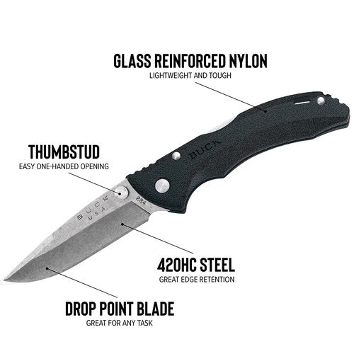 Buck Knives 284 Bantam BBW Folding EDC Knife, 2-3/4” Pocket Knife Blade, Nylon Handle, 420HC Stainless Steel Drop Point Folding Blade, Made in the USA, Black, 1.5 oz