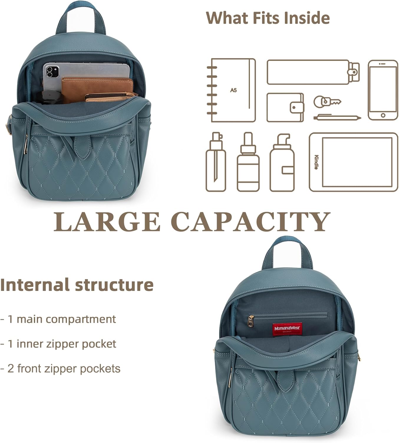 Montana West Anti-Theft Backpack Purse Set - 3Pcs Small Quilted Design for Women