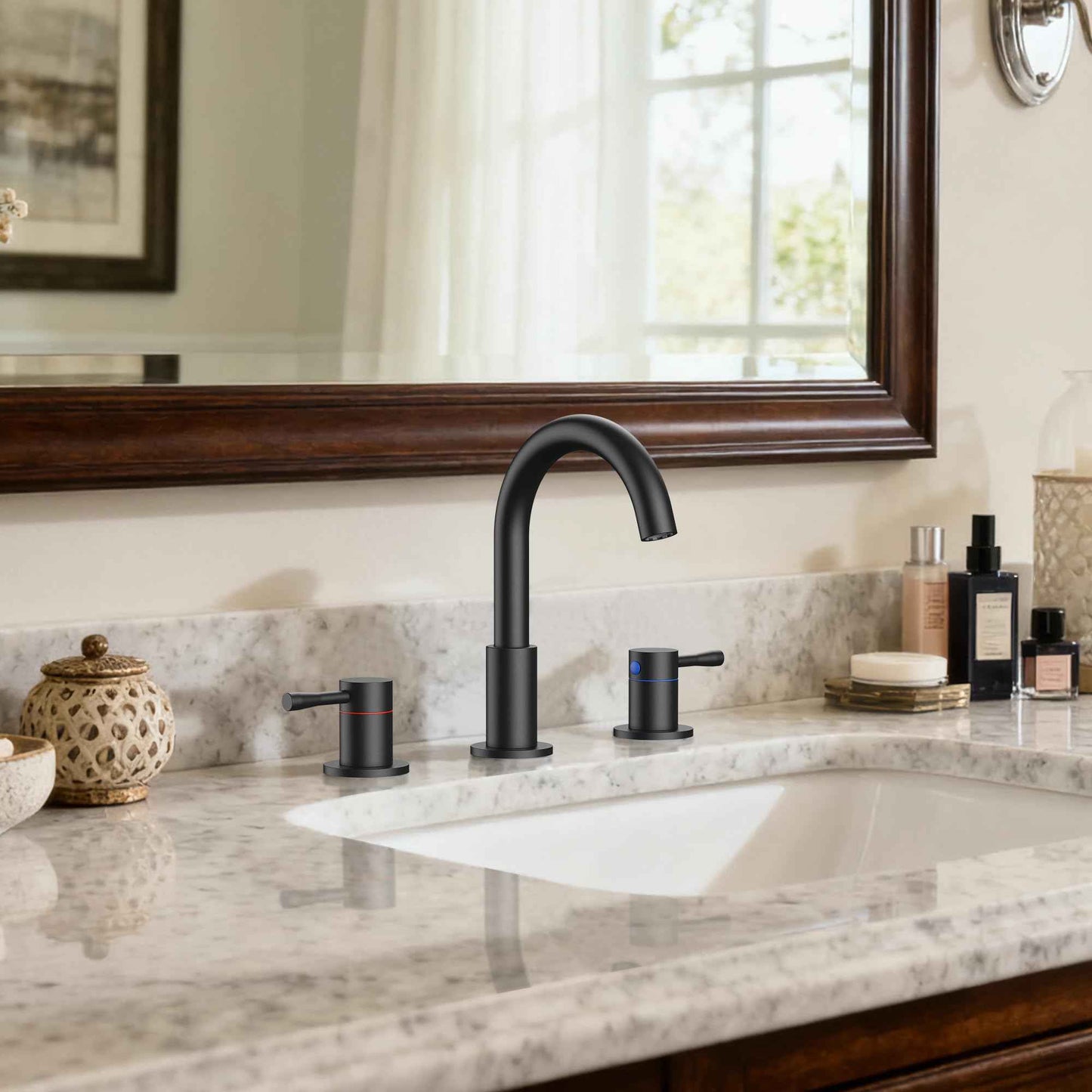 FORIOUS Black Bathroom Faucet 3 Hole, 360° Swivel 8 Inch Widespread Bathroom Sink Faucet with Deck Plate and Pop Up Drain 2 Handle Faucets for Sink, Vanity, RV, Lavatory, Farmhouse