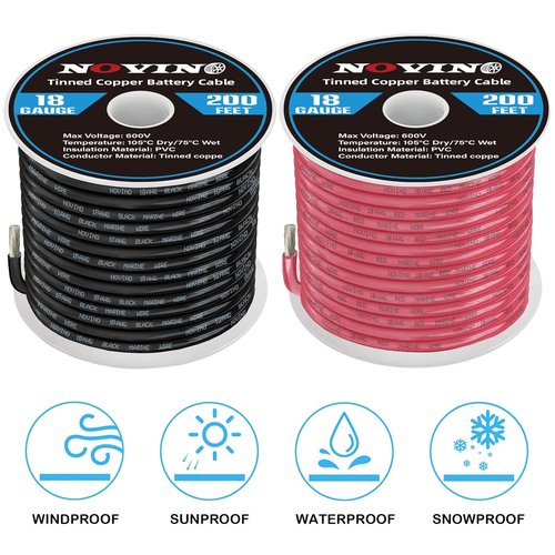 Marine Wire 18 Gauge - Tinned Copper Boat Cable, 200FT Red & 200FT Black for Automotive and Outdoor Use