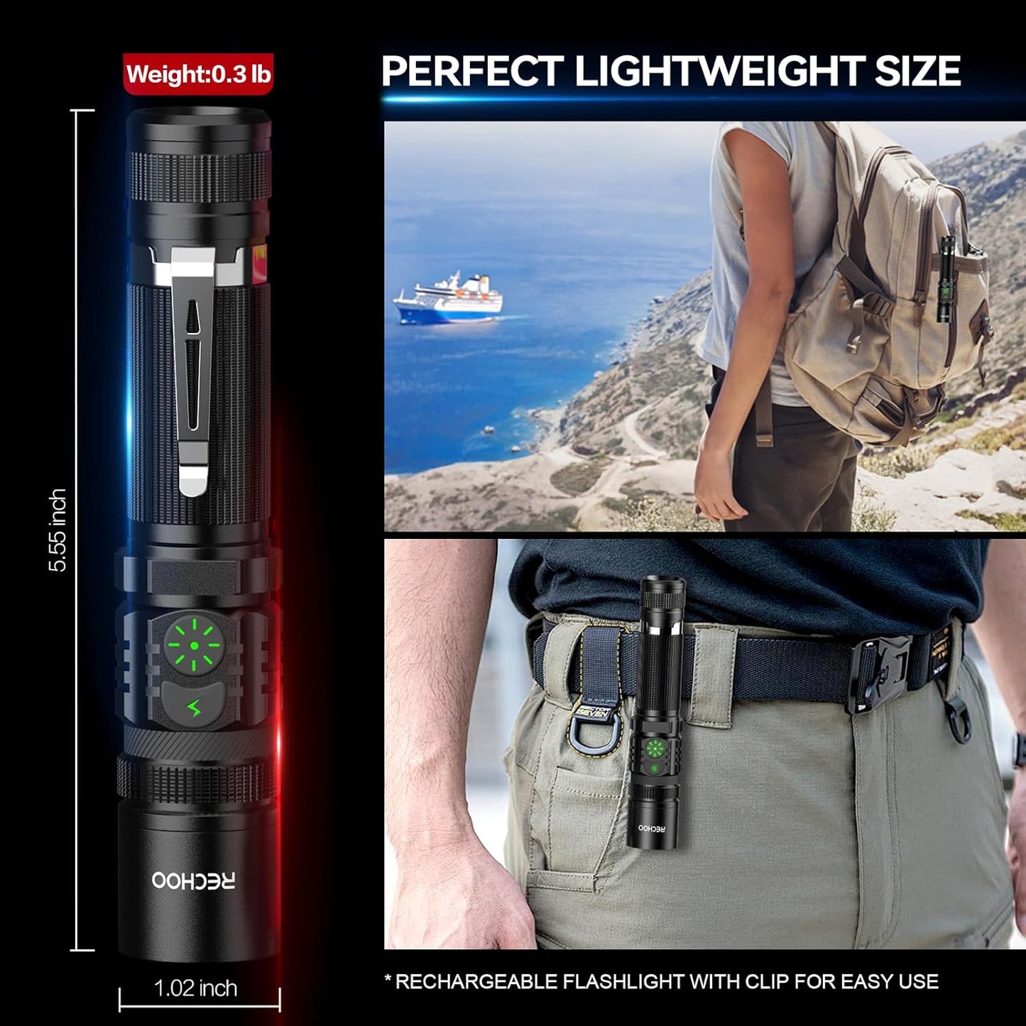 RECHOO Rechargeable LED Flashlight - High Lumens, Adjustable Focus, 5 Lighting Modes | Perfect for Home & Camping