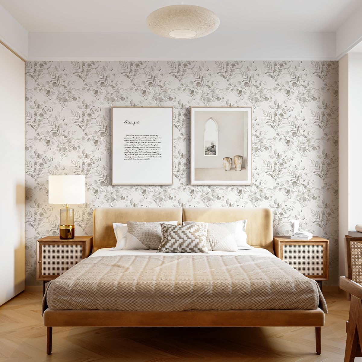 Naphite Floral Wallpaper Peel and Stick Wallpaper for Bedroom 118inL17.3inW Grey Floral Boho Contact Paper for Cabinets Drawer Self Adhesive Removable Farmhouse Contact Paper Eucalyptus Leaf Nursery