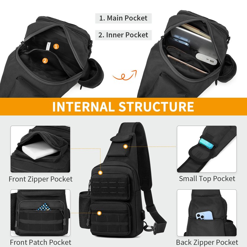 BAIGIO Tactical EDC Sling Bag Black Military One Strap Shoulder Backpack Small Molle Range Bags Chest Pack
