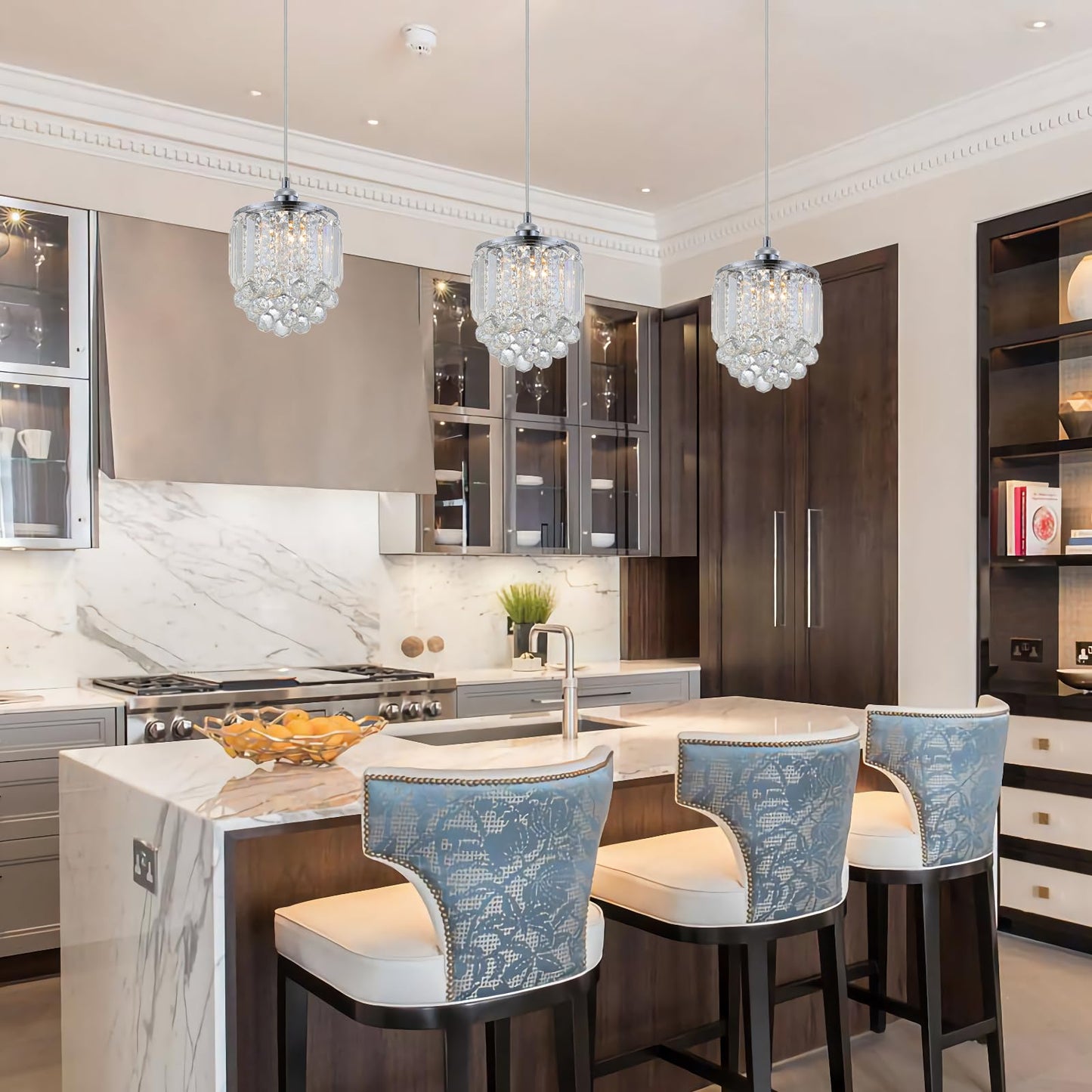 Sheenkarion 2 Pack Decorative Crystal Pendant Light,Chrome Crystal Chandelier Pendant Lights for Kitchen Island Dining Room Living Room Bar Lighting Fixtures,Cord Adjustable Hanging Pendant Lamp