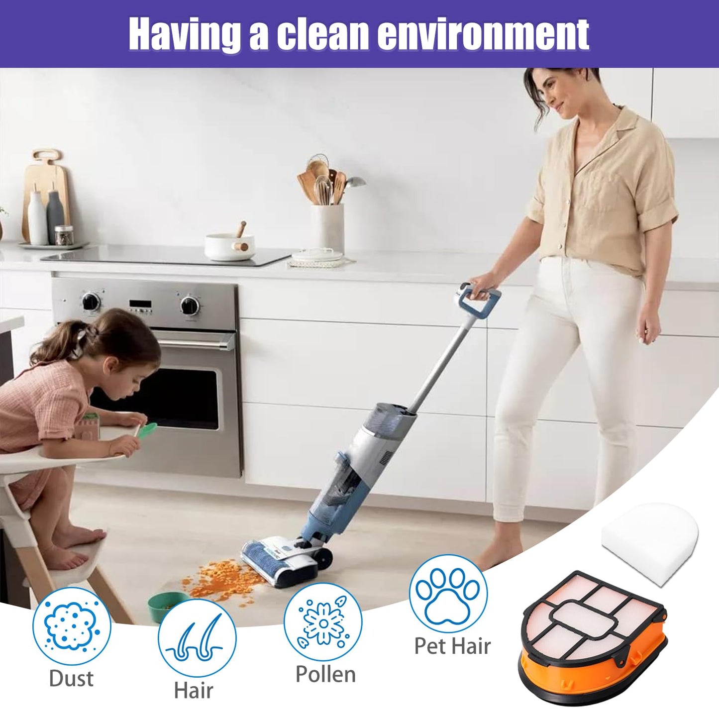 Replacement Foam Filters for Shark WD101 WD201 WD100 WD200 AW302 AW201 AW261 WD160 WD161 AW161 & MessMaster WD261 HydroVac XL 3-in-1 Vacuum Cleaner Parts# WDB1, WDB2, WDFF1, WDFF2, WDB1F2-8Pack