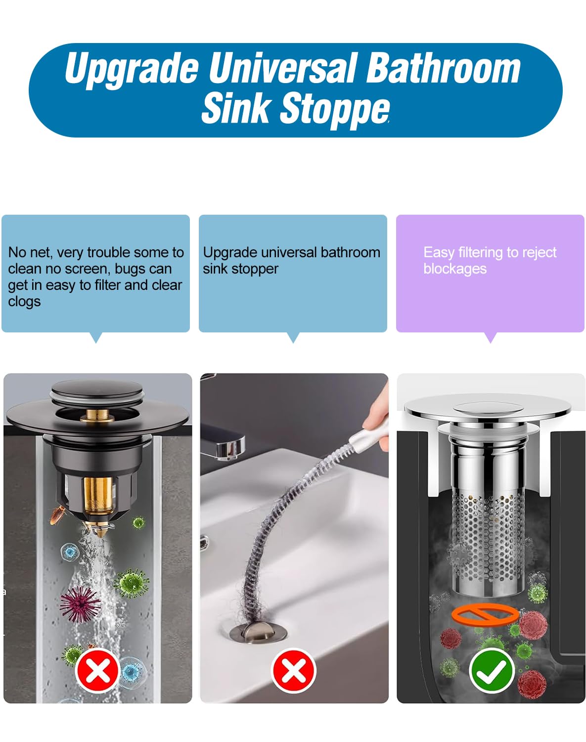 Bathroom Sink Drain Strainer,Pop-up Sink Drain Strainer for U.S. Standard Universal,Hair Catcher Sink Stopper with Removable Stainless Steel Filter Basket