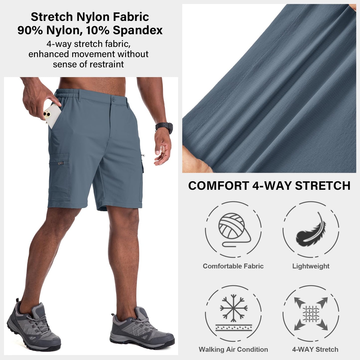 Jessie Kidden Mens Outdoor Casual Expandable Waist Lightweight Water Resistant Quick Dry Fishing Hiking Shorts (6222 Solid Blue Grey 38)