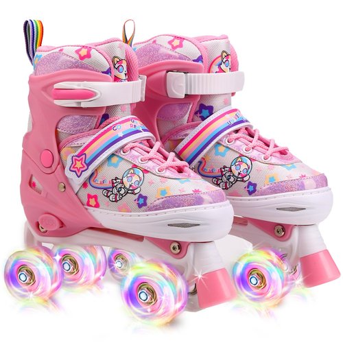 Kids Roller Skates Adjustable Roller Skates Girls Ages 3-12, 4 Size Adjustable Kids Skates, with 4 Light UP Wheels, Roller Skates for Toddlers Beginner (Pink, M)