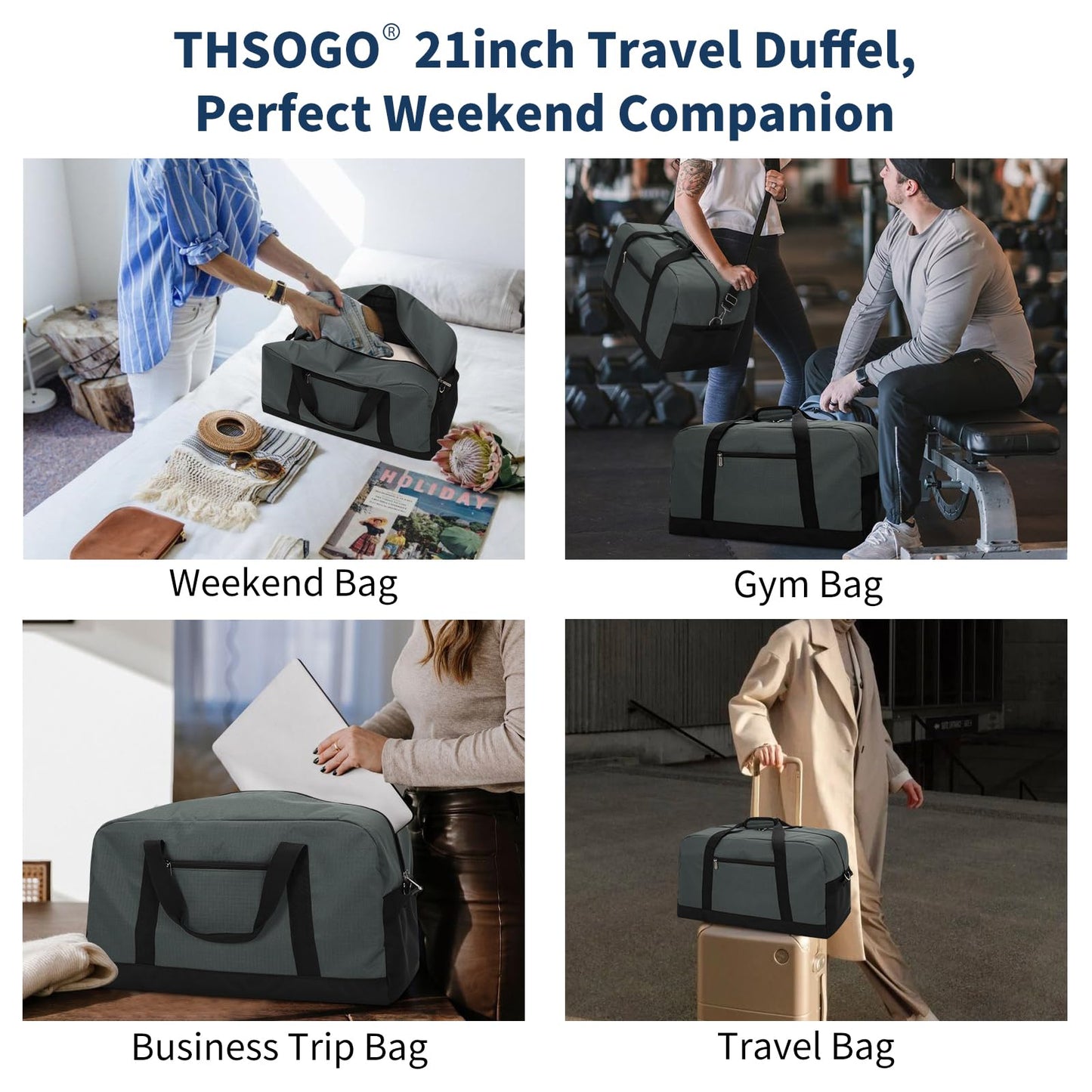THSOGO 21 inch Gym Bag for Men - 40L Travel Duffel Bag Sport Duffle Bags for Weekend Overnight with Bottom Support (Dark Grey）