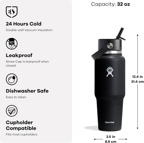 Hydro Flask Travel Water Bottle - Insulated Stainless Steel - Leakproof Wide Straw Lid | 32 Oz Fossil Brown