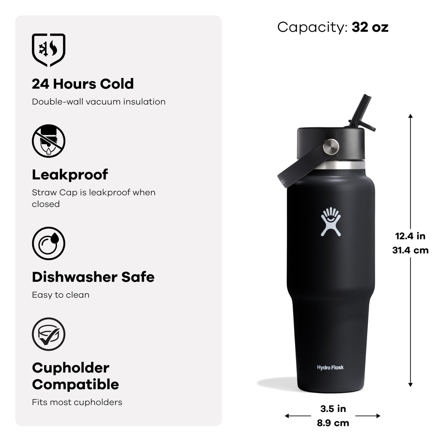 Hydro Flask Travel Water Bottle - Insulated Stainless Steel - Wide Straw Lid, Non Spill, Leakproof in 32 Oz Ivory