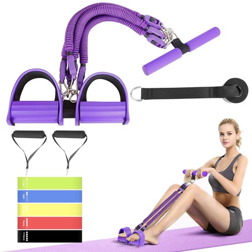FEFURS Upgrade Pedal Resistance Band Purple,4-Tube Elastic Sit Up Pull Rope for Men and Women,Pedal Puller for Strength Training,Foot Resistance Rope for Physical Therapy with 5Pcs Exercise Bands