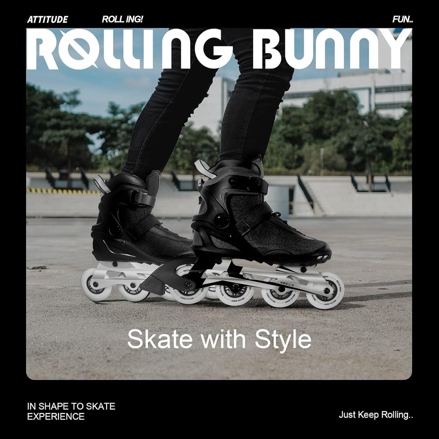 RollingBunny Inline Skates PRO for Adult Women - ABEC-9 Bearing with Breathable Lining for Male Female, Optional Brake, Size W 6-9, Black