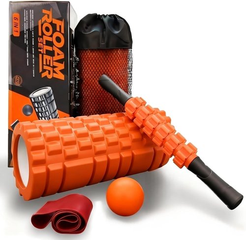 Aucuu Foam Roller Set - 5-in-1 Massage Roller, Yoga Stick, Ball & Stretching Strap | Orange