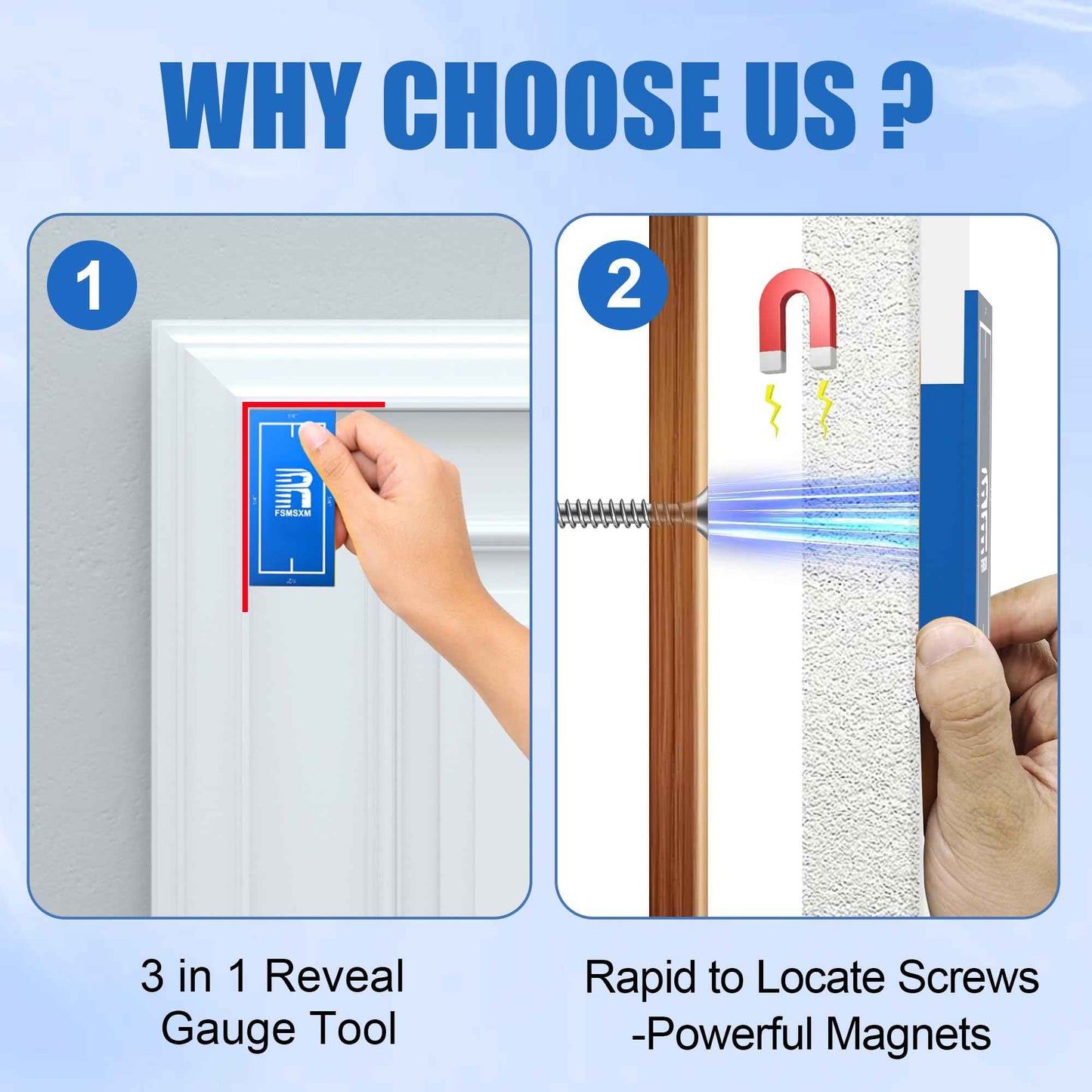 Magnetic Stud Finder, 1/4"、1/2" Reveal Gauge Tool, 1/8" Door Reveal Gauge, Stud Finder for Locate Screws and Accurate Jamb Marking (1P)