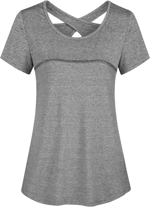 Kimmery Women's Yoga Shirt - Short Sleeve Round Neck with Criss Cross Back Design