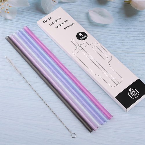 Joshey 12 Inch Tritan Replacement Straws - 6 Pack Reusable Long Straws with Cleaning Brush | Fits 30oz & 40oz Stanley Cups, BPA-Free (Clear)