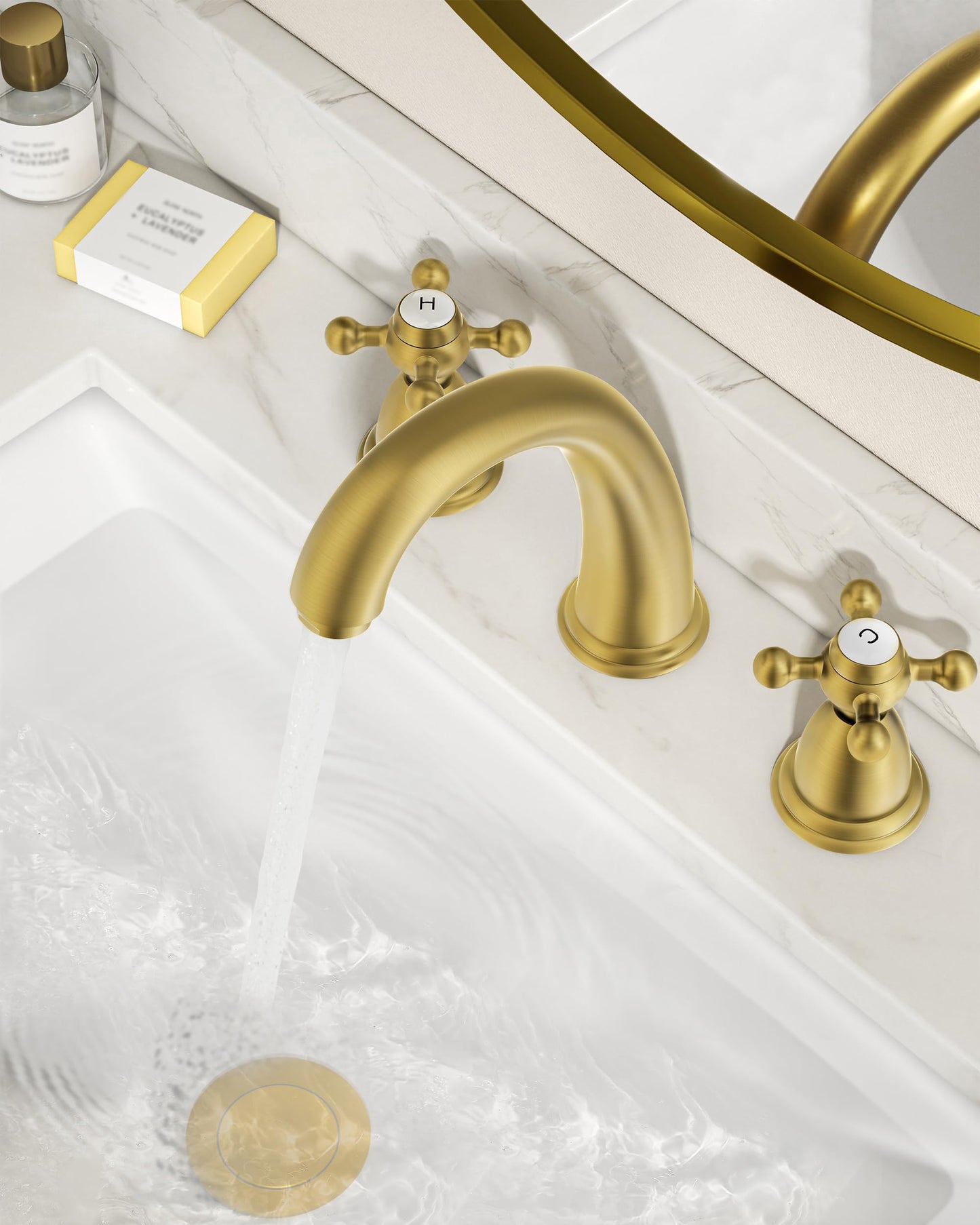 FORIOUS Brushed Gold Bathroom Faucet, Bathroom Sink Faucet 3 Hole with Pop Up Drain and Water Hose Supply, 2 Cross Handle Design, for Vanity RV Farmhouse Sink