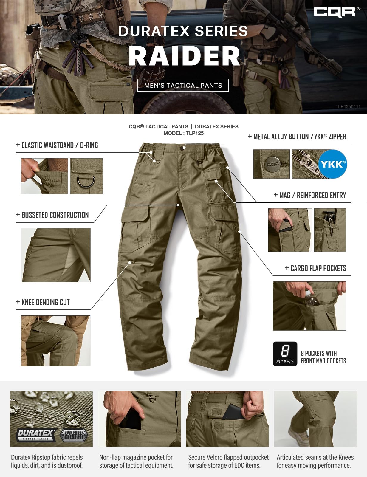 CQR Men's Tactical Pants, Water Resistant Ripstop Cargo Pants, Lightweight EDC Work Hiking Pants, Outdoor Apparel, Raider Mag Soil Green, 38W x 32L