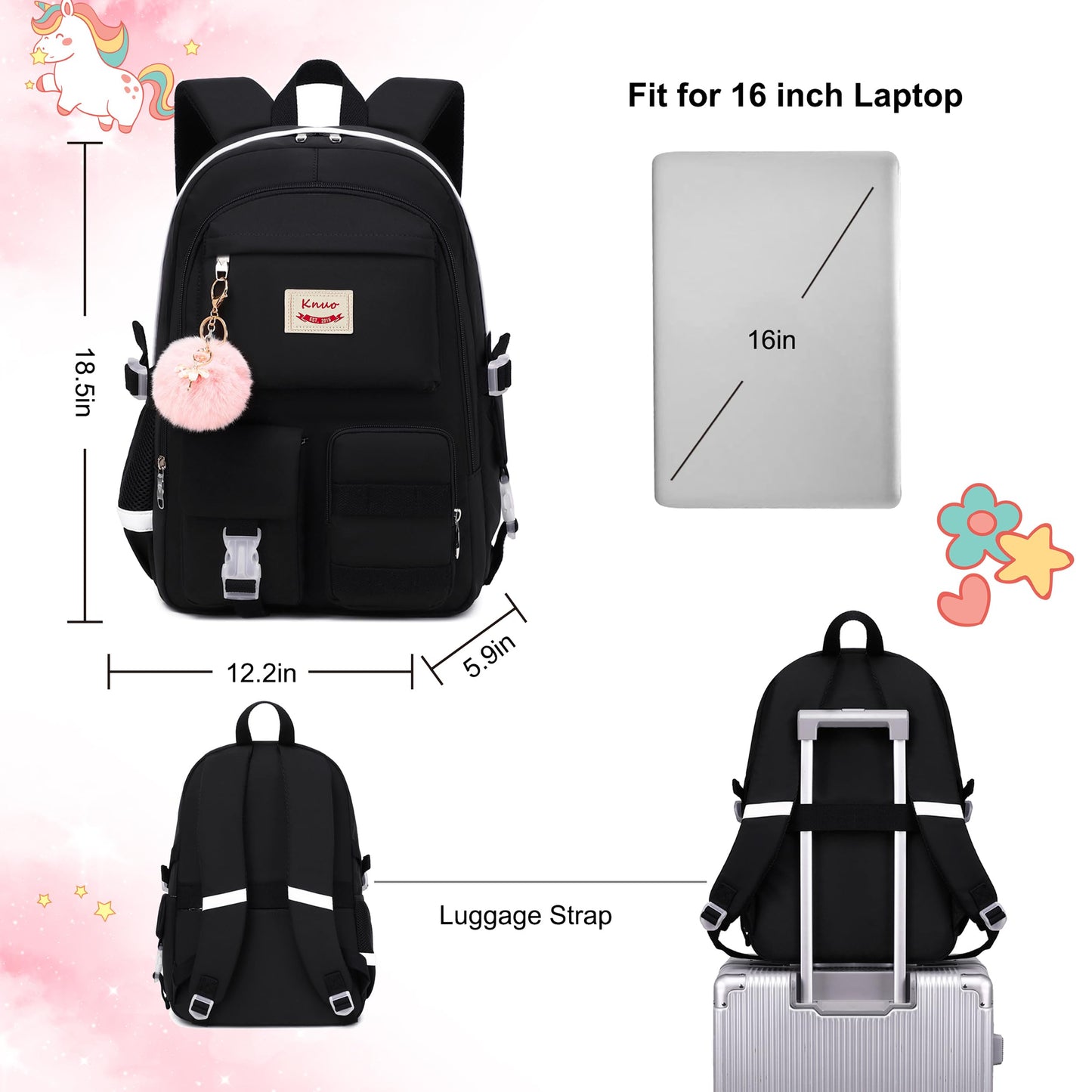 Girls Backpack,15.6 Inch Laptop School Bag Large Primary Elementary Middle College Bookbags Kids Backpacks for Teens Girls Women Students Anti Theft Travel Daypack (Black)