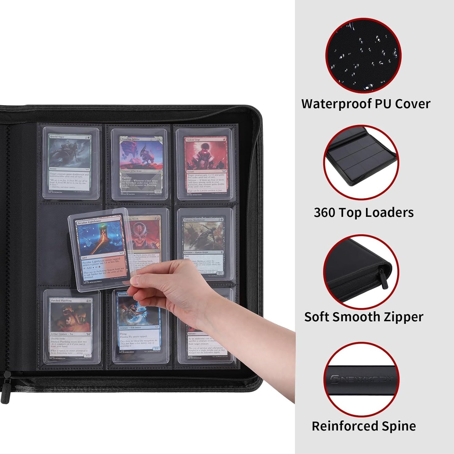 Snekdy Top Loader Binder - 9 Pocket Card Holder with Sleeves for 360 Cards | Smooth Black PU Leather