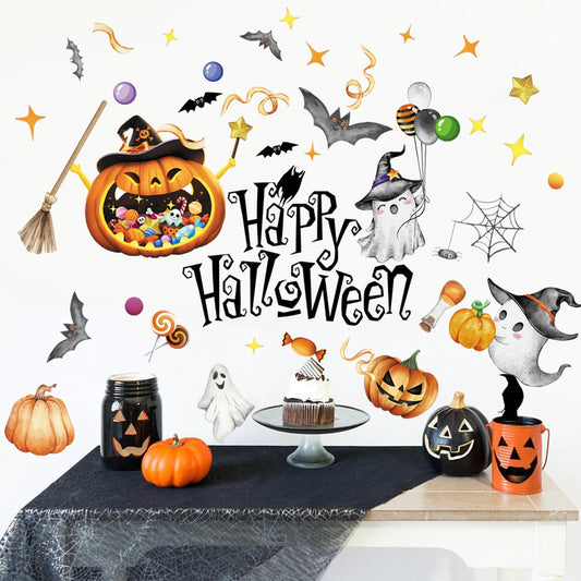39Pcs Halloween Wall Stickers Cute Ghost Pumpkin Wall Decals Watercolor Peel and Stick Vinyl Decals Self-Adhesive Halloween Window Clings for Party Supplies Gift