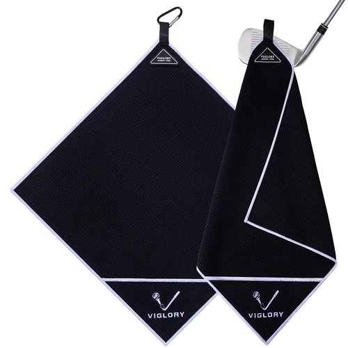 VIGLORY Magnetic Golf Towel for Bag 18" x 18" with Clip Exclusive Cleaning Pocket Microfiber Waffle Ultra Absorbent Club Ball Cleaner Essential Golf Accessories and Gifts for Men Women(Black 1 Pack)