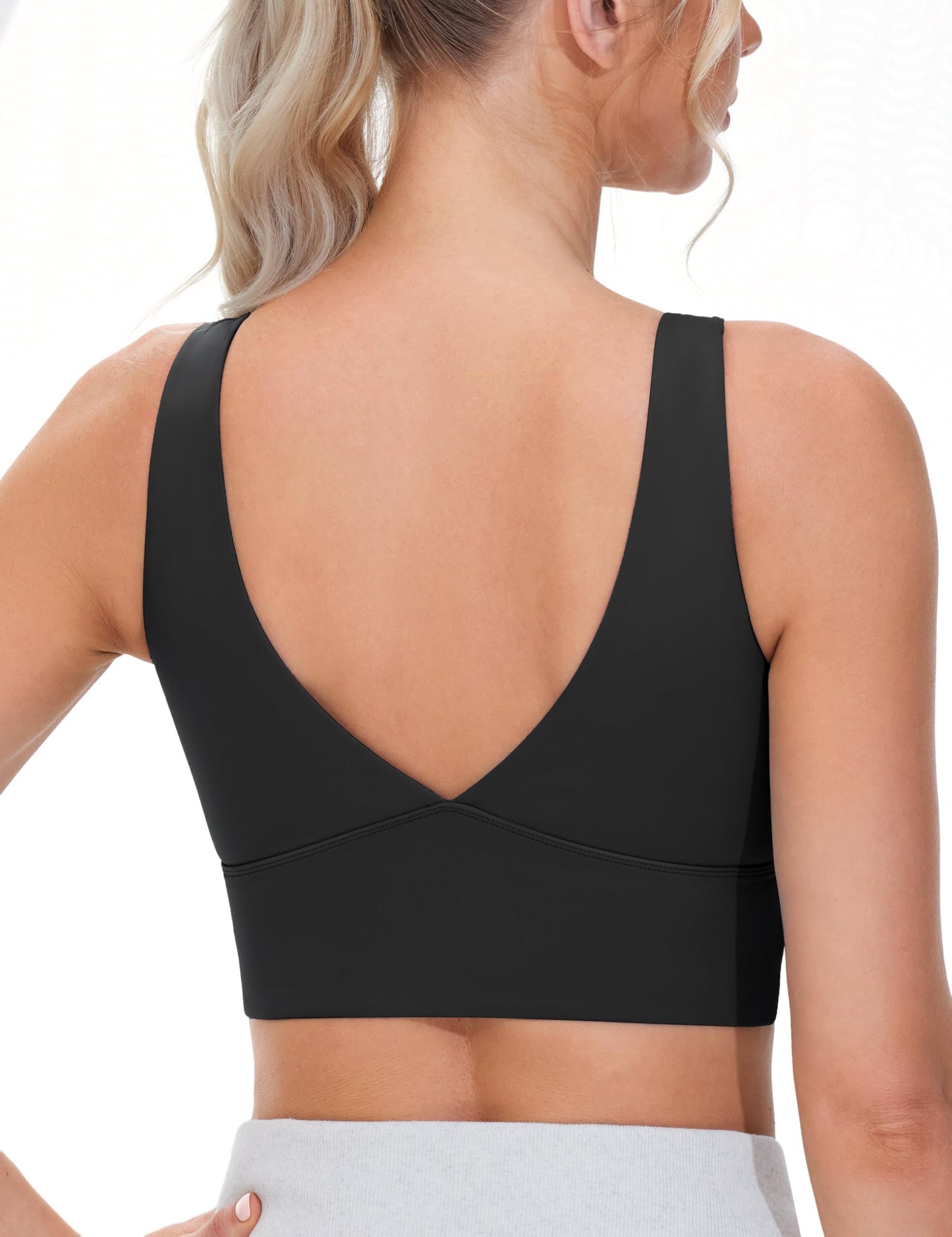 THE GYM PEOPLE Women's Padded Sports Bra V-Neck Wireless Stretchy Workout Crop Tops with Cross Hem Soft Yoga Bras Black