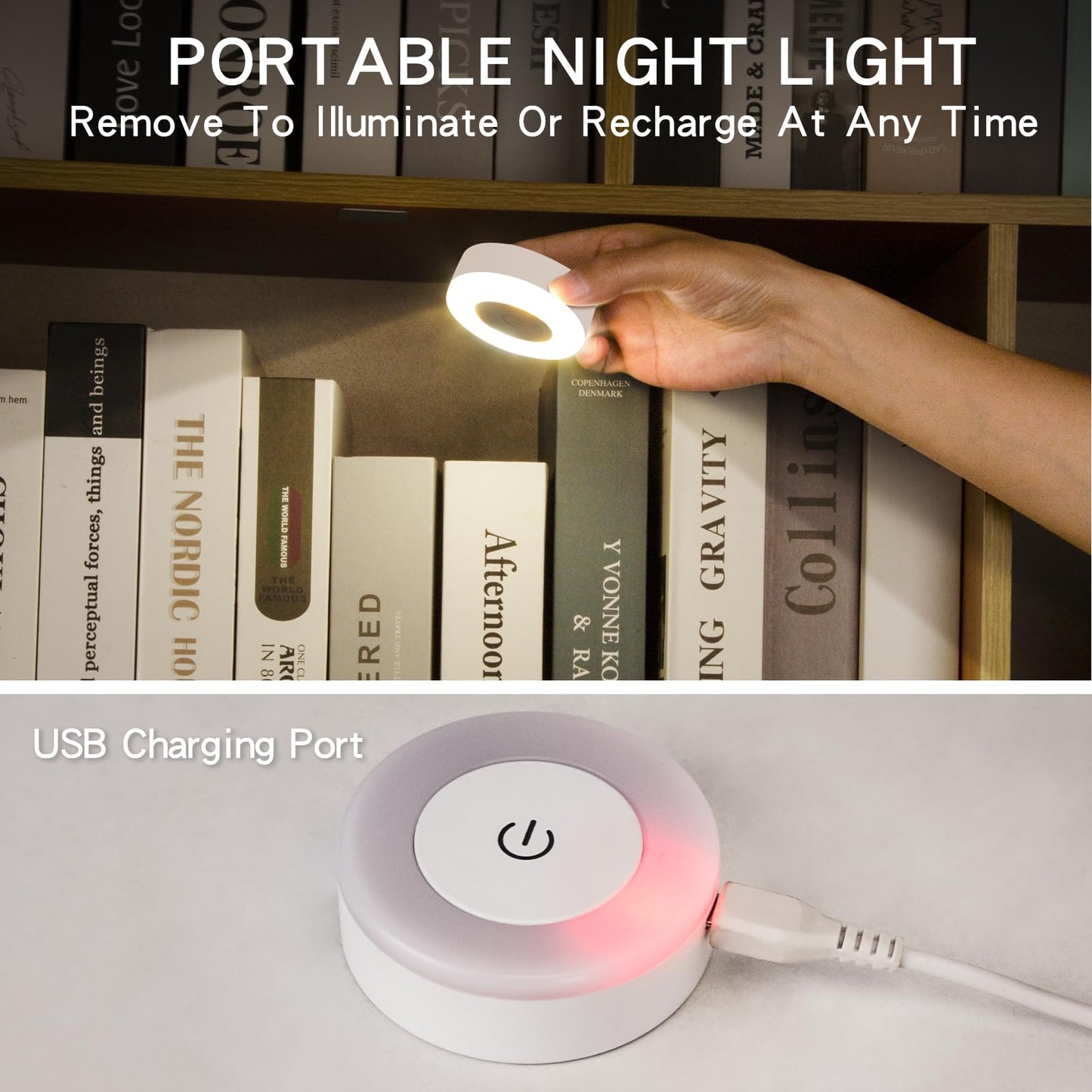 Touch Night Light Bright LED Push Lamp, 3 Colors Dimmable Rechargeable Puck Tap Nightlight Battery Operated, Wireless Stick on Lighting for Wall, Closet, Kitchen, Under Cabinet, Counter, 2 Pack