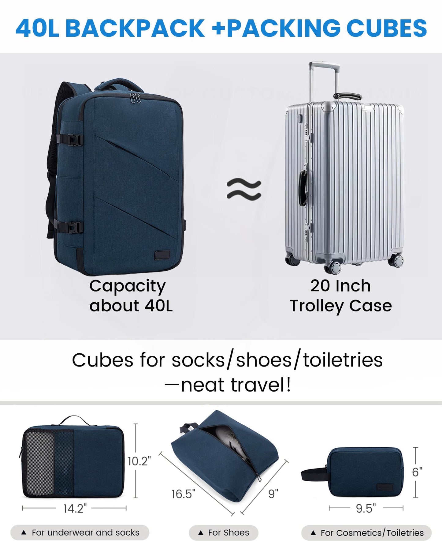 LOVEVOOK Travel Backpack, 40L Extra Large Carry on Backpack, Peersonal Item Bag Flight Approved, Anti-Theft Water Resistant 17 Inch Weekender Backpack for Men Women, with USB Port, Navy Blue