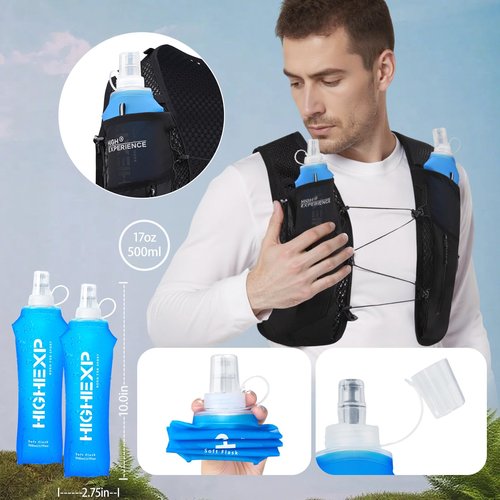 HIGH EXPERIENCE Running Vest Lightweight 4L Trail Hydration Backpack Pack with 2 17oz Soft Flask Jogging Marathon Cycling Hiking for Women Men (Black, Medium)