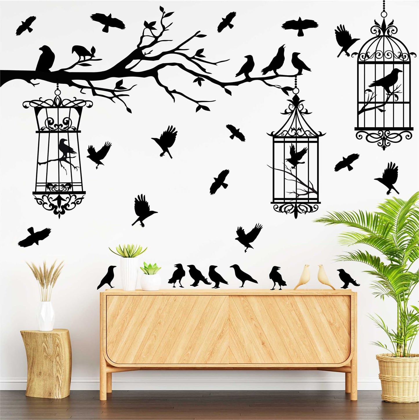 Halloween Tree Branch Wall Decals Crow Black Raven Bird Wall Decals Peel and Stick Birdcage Raven Stickers Removable Black Crows Branches Halloween Wall Stickers for Bedroom Living Room Decor