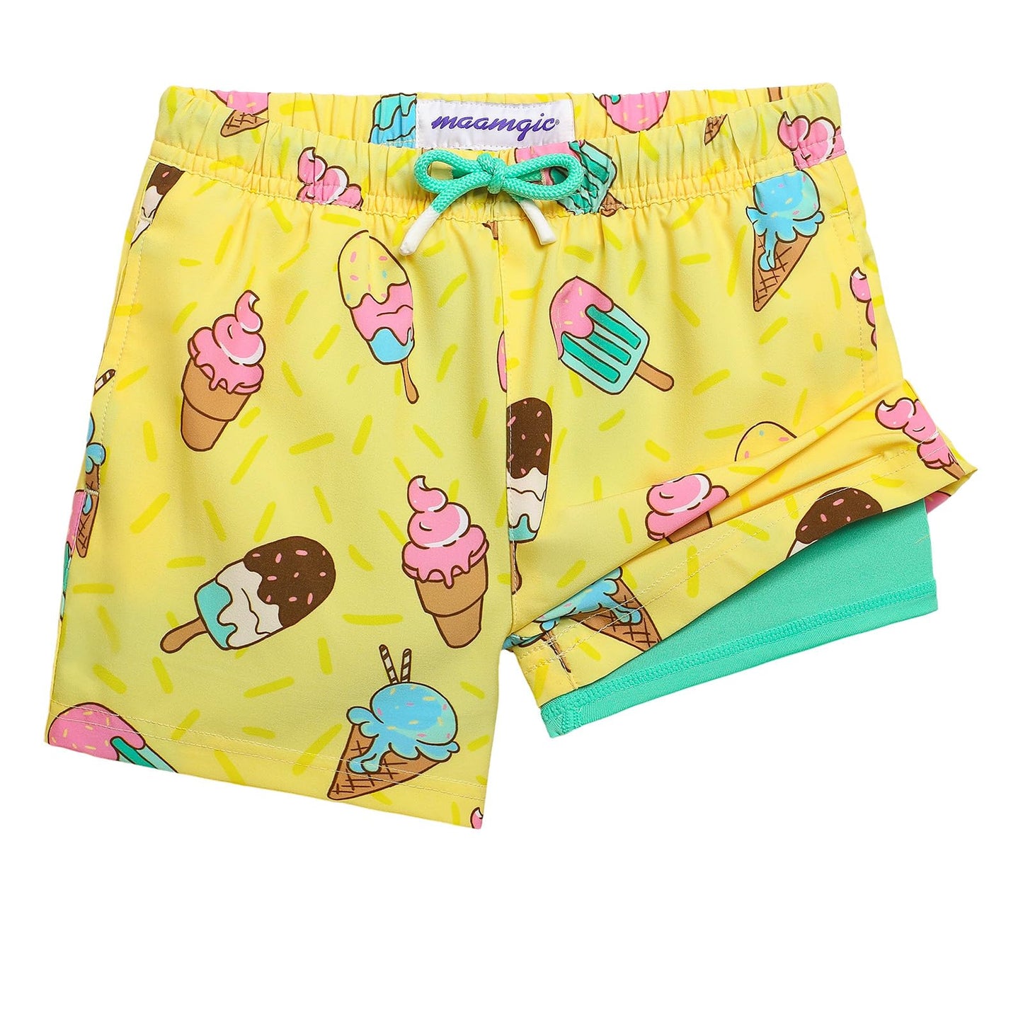 maamgic Boys Swim Trunks with Compression Liner Toddler Stretch Swim Shorts Quick Dry Swimming Trunks Boxer Brief 2 in 1 Beach Shorts Yellow Ice Cream 5/6