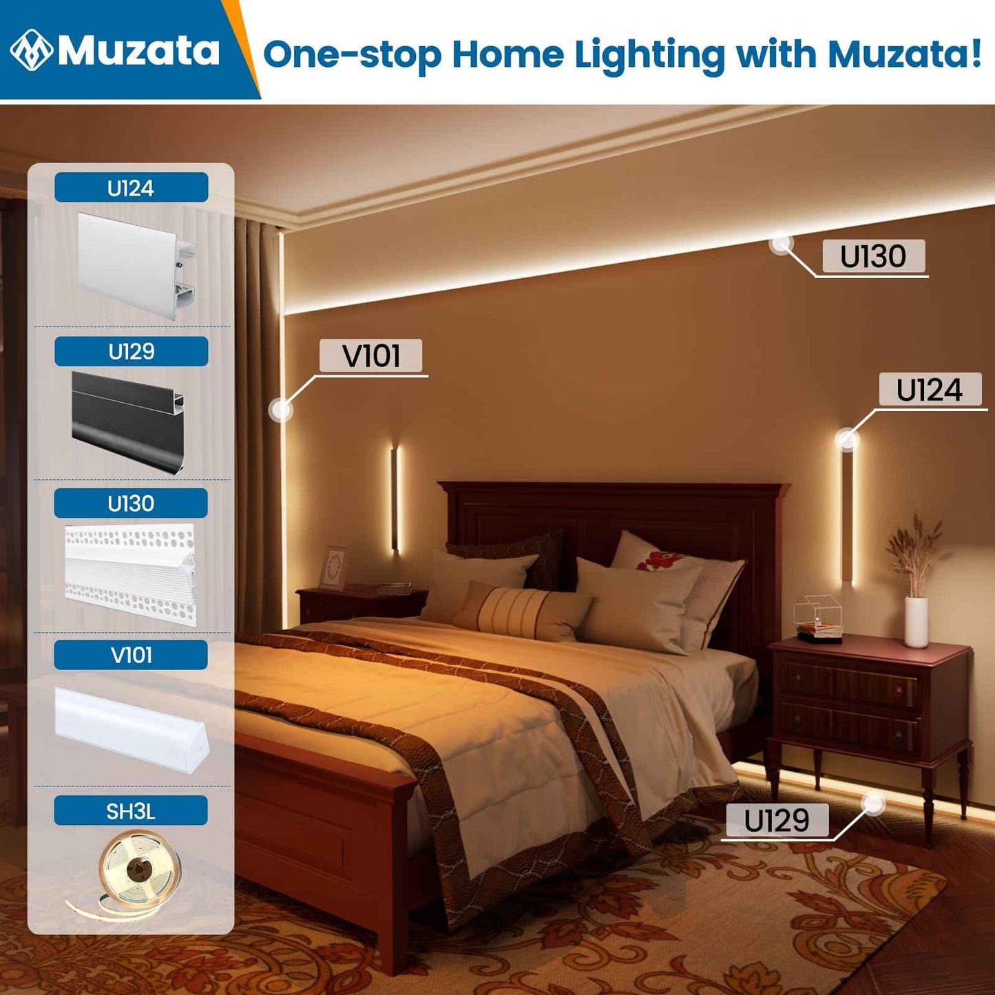 Muzata 5Pack 3.3FT/1M Wall Mount LED Channel U Shape LED Strip Diffuser Channel Silver Aluminum with Milky White Cover U124 WW 1M