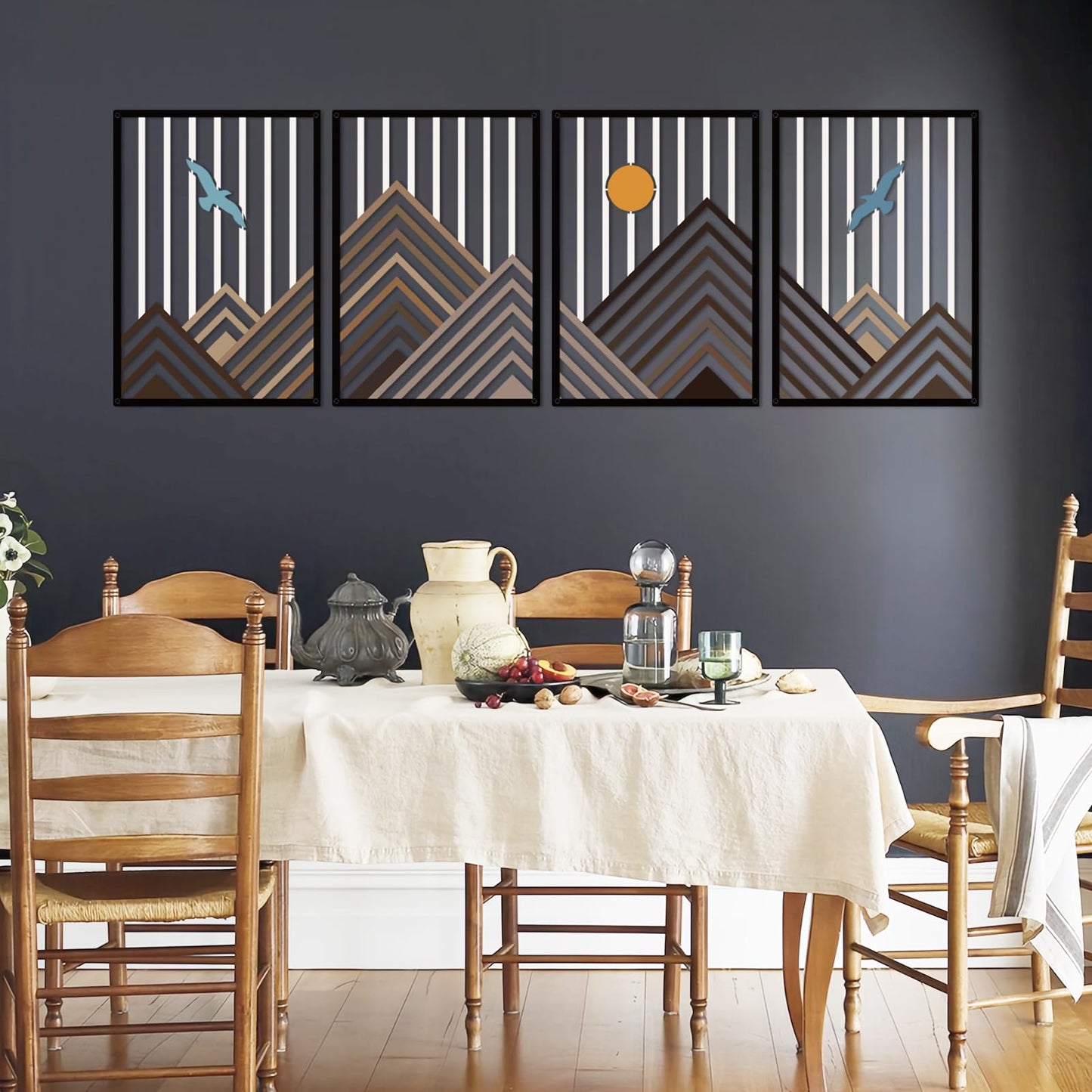 Resama 4 Pcs Geometric Mountain Wall Art, Bird & Sun Nature Metal Wall Decor, Modern Abstract Mountain Range Wall Sculpture for Living Room Bedroom, Minimalist Home Hanging Art