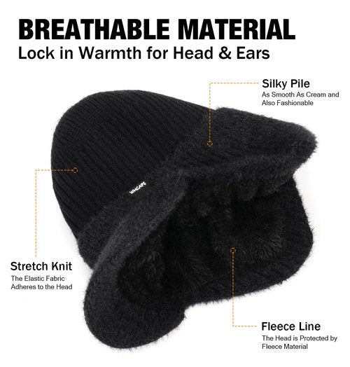 Wmcaps Winter Beanie with Brim and Ear Flaps, Fleece Lined Warm Knit Hat for Men Women Outdoor Thermal Stocking Cap Black