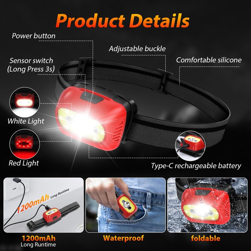 Aigostar Rechargeable Headlamp 6500K 600Lumen Head Light,Waterproof Bright SOS Flashing Long-Lasting Outdoor Pivoting Head Lamp for Camping Hiking Running Fishing Cycling Miner Construction Emergency