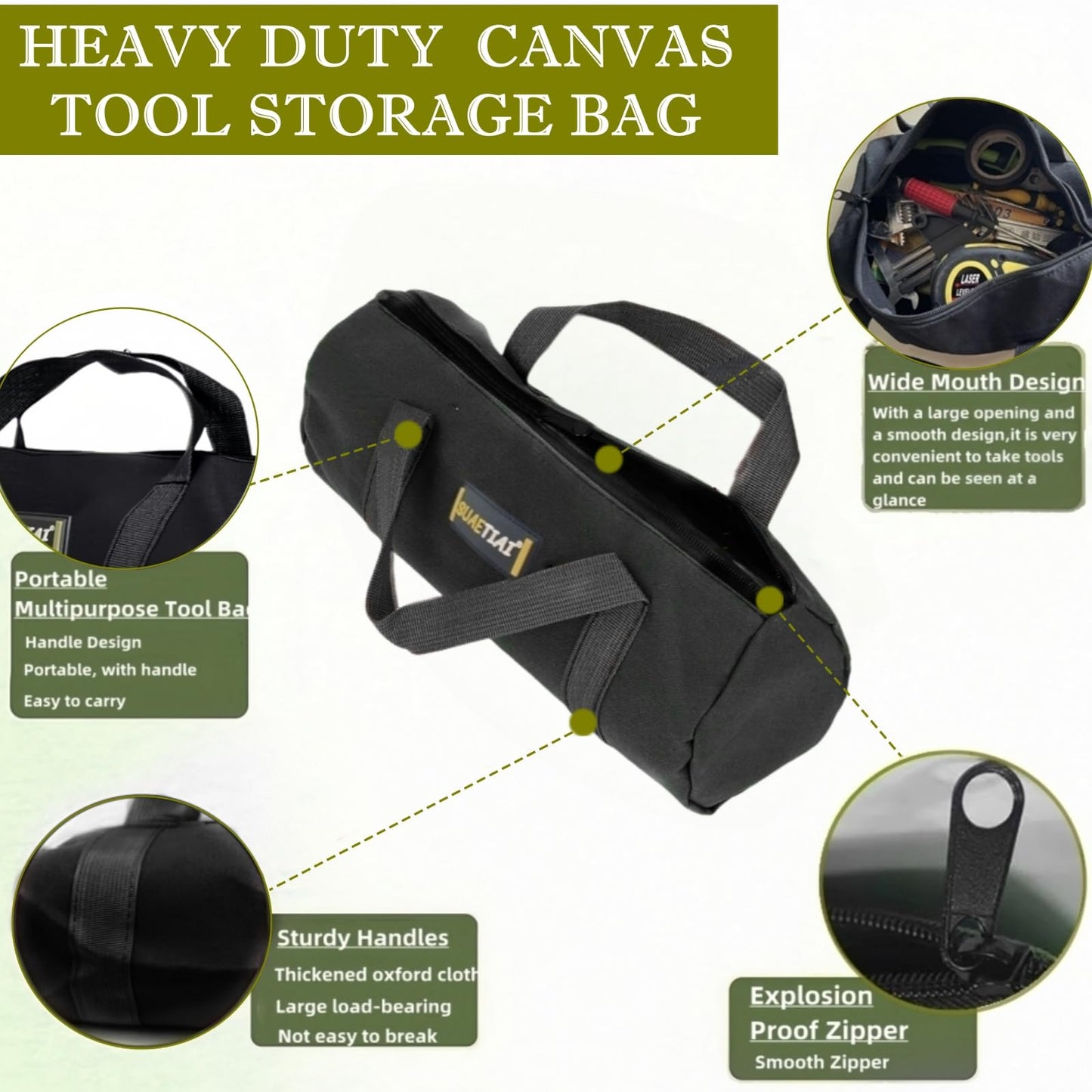 14 Inch Small Tool Bags for Men,Wide Mouth Zipper Tool Storage Bag,Large Capacity Canvas Tool Tote Bag,Portable Multi-Function Tool bag for Storage Wrenches,Screwdrivers,Repair Tools (Black)