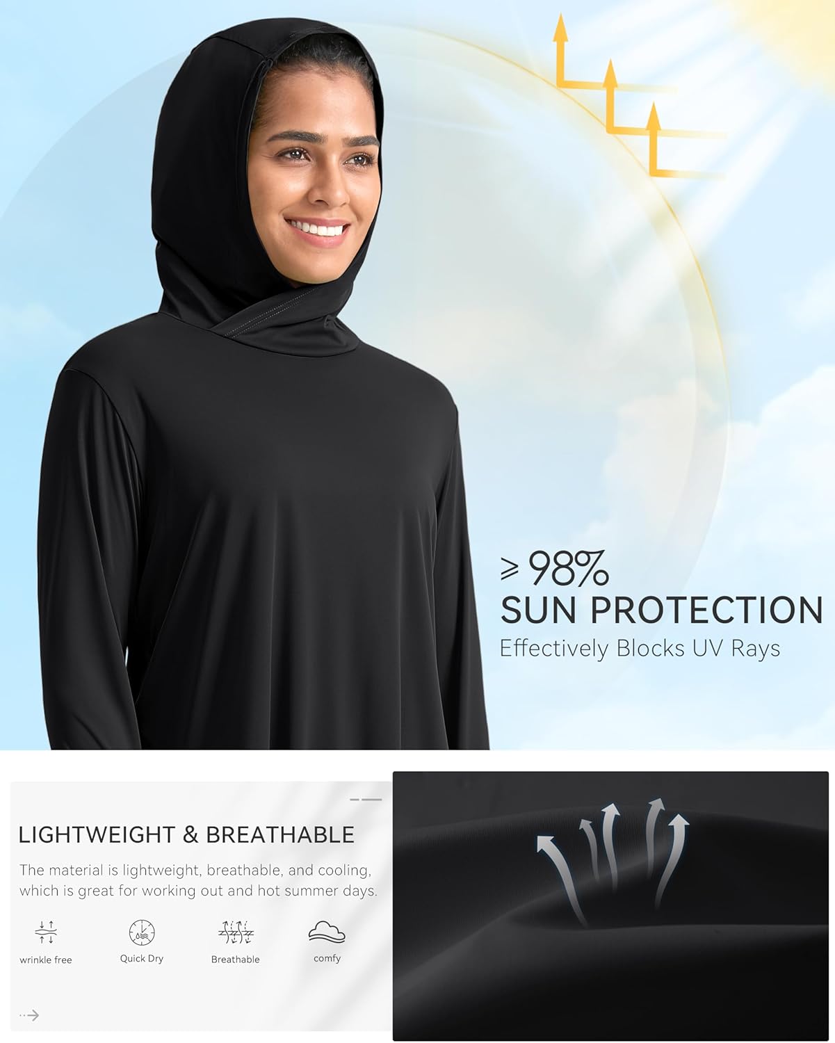 Pudolla Women's Sun Protection Shirt - UPF 50+ Lightweight Long Sleeve Hoodie for Hiking & Fishing